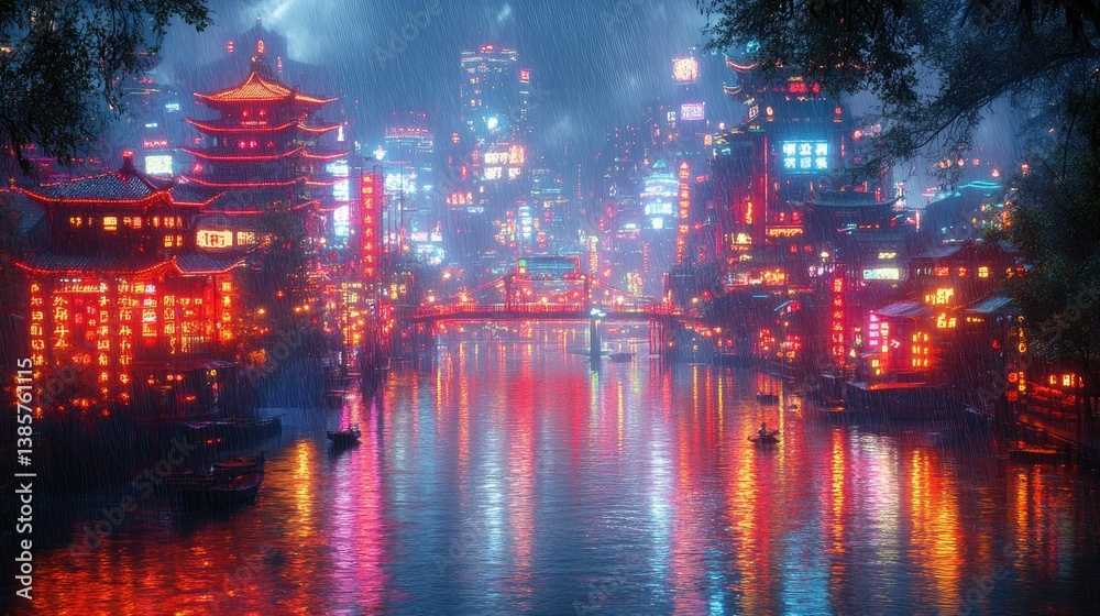 Obraz premium Celestial Metropolis: A panoramic view of an enchanting city bathed in the neon glow of dusk, where traditional architecture meets futuristic design along a serene waterway. Reflecting in water.