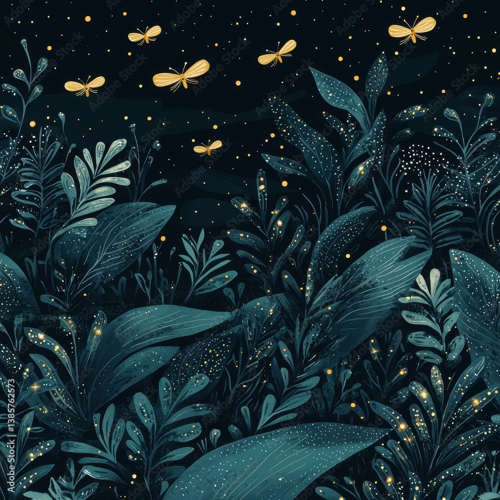 Fototapeta Dreamy Seamless Pattern of Tiny Glowing Fireflies in Night Sky