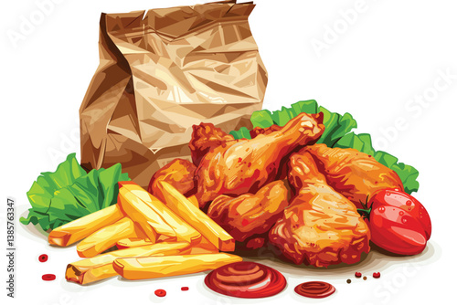 A set of fast food.Sandwiches, croissants, potatoes, shawarma and burgers.Street food.Vector illustration on a white background