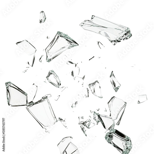 Shattered glass fragments falling dark background dramatic scene