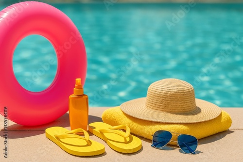 Relaxing Summer Day by the Pool With Colorful Accessories and Bright Sunlight