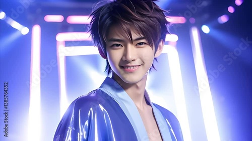 Portrait of handsome and cool asian man like idol, with spotlight lighting on stage background. アイドルのようなハンサムでクールなアジア人男性のポートレート、スポットライト照明付きのステージ背景