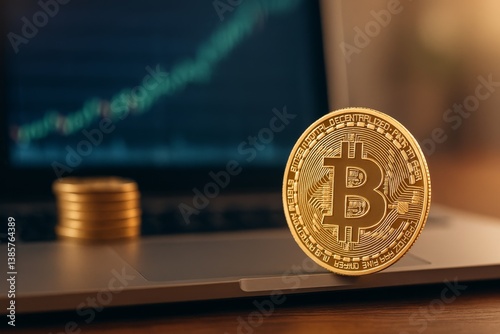 Bitcoin Coin Resting on Laptop Keyboard With Cryptocurrency Chart in Backgrou...