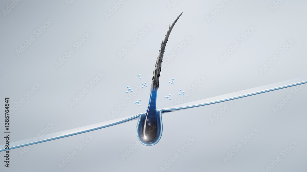 3D illustration of a hair follicle treated with nourishing molecules, representing advanced dermocosmetic innovation and deep care. 3D illustration of a hair follicle treated with nourishing molecules, representing advanced dermocosmetic innovation and deep care.