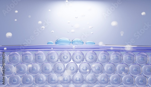 Fotografía 3D illustration of water molecules penetrating skin layers, representing dermocosmetic hydration and deep moisture delivery through advanced beauty technology