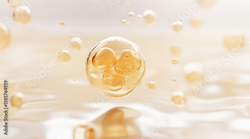 3D golden serum molecule floating above a luminous fluid surface, symbolizing advanced dermocosmetic technology and deep rejuvenation in premium skincare.