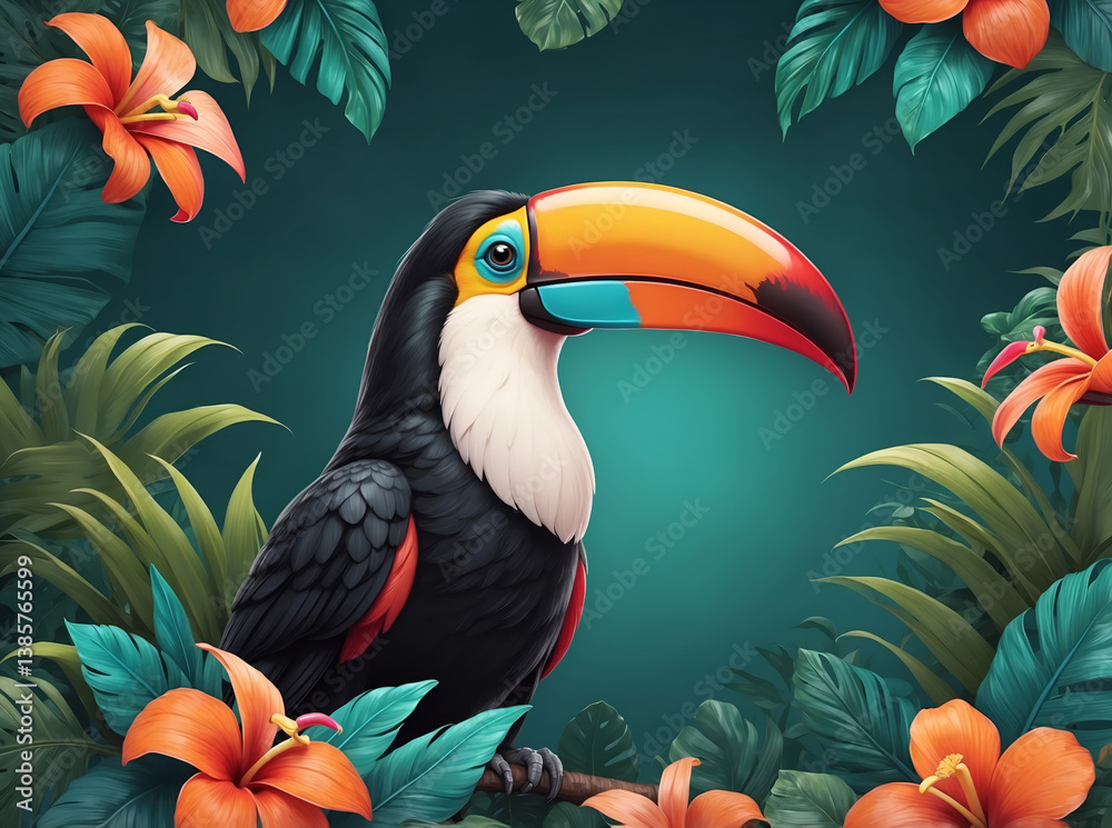 Obraz premium Toucan bird posing among tropical flowers and lush green leaves