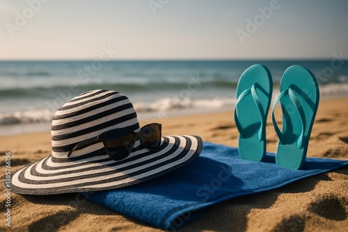 Relaxing Beach Accessories on a Sunny Shore With Clear Water and Soft Sand