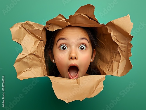 Surprised girl peeking through ripped paper on green backdrop. Dramatic expression, wide eyes, mouth open