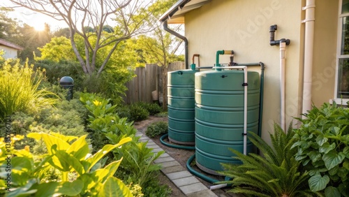 The image shows two green rainwater tanks in a lush garden, surrounded by vibrant plants and trees, emphasizing sustainable water conservation.