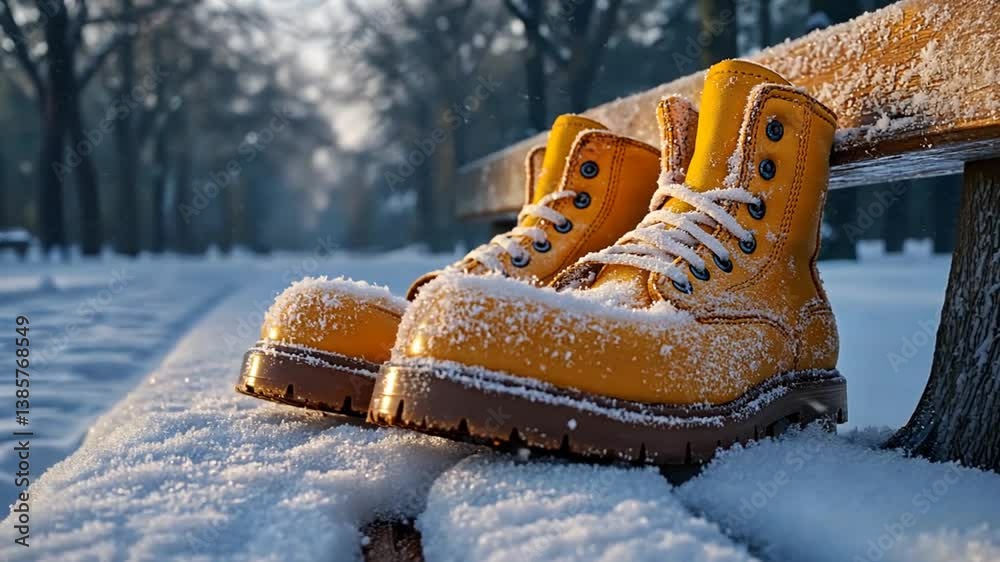 Yellow winter boots on snowy park bench