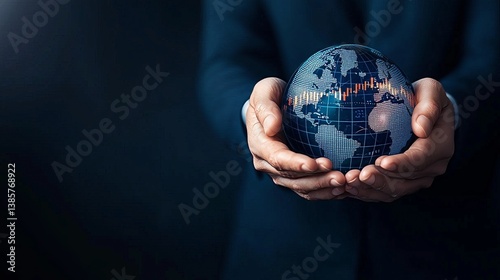 Businessman holding a globe displaying financial data, representing sustainable finance and global economic growth. photo