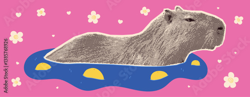 Cute capybara relaxing in a warm bath with floating yuzu. Halftone collage in a kawaii pastel aesthetic. Perfect for stickers, prints, and digital designs.
