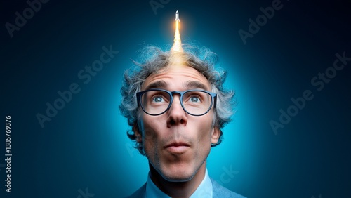 Mann mit Brille und verblüfftem Gesichtsausdruck vor blauem Hintergrund, mit einer startenden Rakete über seinem Kopf, die eine zündende Idee symbolisiert.