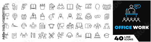 Set of 40 Office and Workplace web icons in line style. Employe, conference, project, document, business, work, support, contact us, productivity strategy, collection. Vector illustration.