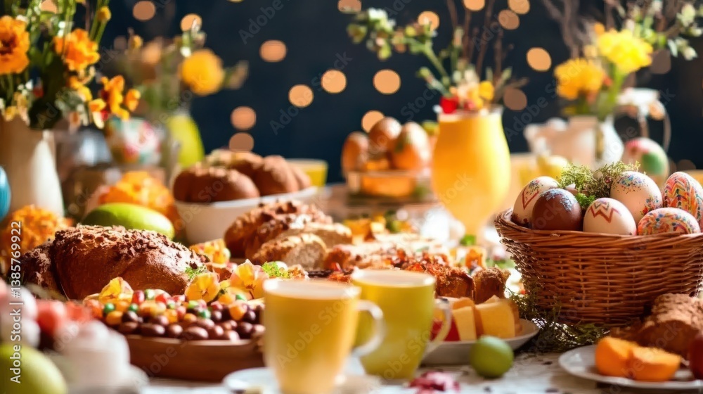 Naklejka premium Easter feast table decorated with traditional food and painted eggs