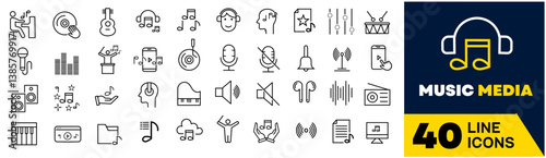 Collection of line icons, Audio icon set. Containing headphones, sound, music, volume, earphones, equalizer and speaker icons. Solid icon collection. Vector illustration.