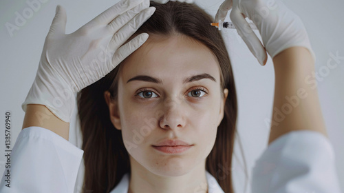 High-quality photo of a young woman being examined by a dermatologist for hair growth, injection treatment.

 photo