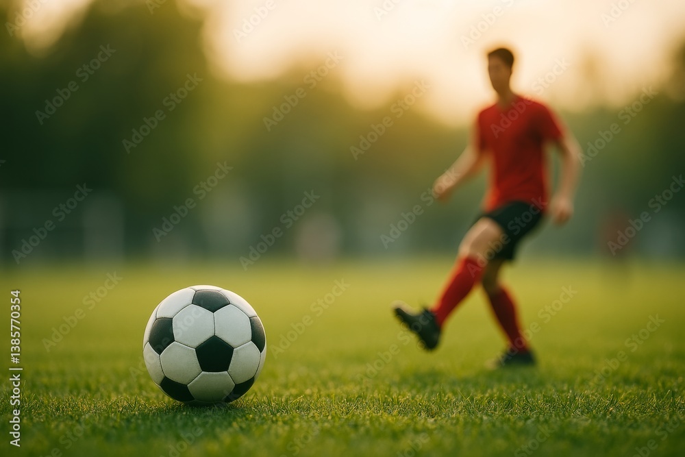Fototapeta premium Soccer Player Dribbling the Ball on a Sunny Field During a Match at Golden Hour