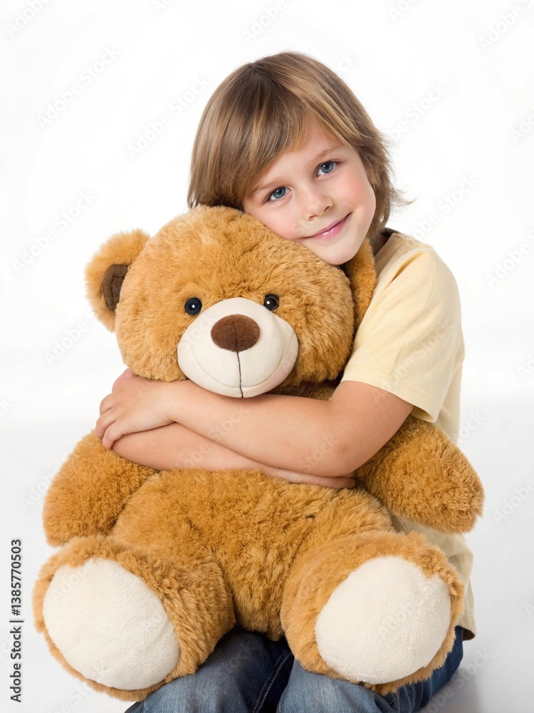 A young child with blond hair sits hugging a large, light brown teddy bear against a white background. A young child with blond hair sits hugging a large, light brown teddy bear against a white background.