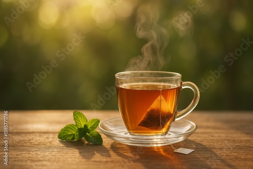 Warm Cup of Tea With Mint Leaves on Wooden Table in Peaceful Garden Setting a...
