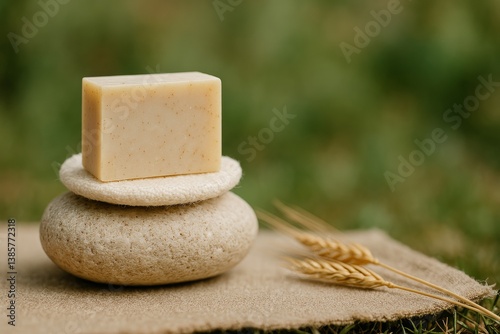 Handmade Natural Soap With Rosemary and Lavender on a Stone Plate in a Garden