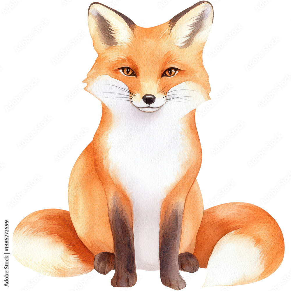 Fototapeta premium Red Fox Portrait: A captivating watercolor illustration of a charming red fox, featuring a vibrant orange coat and an enigmatic smile, embodying the allure of the wild with artistic charm.