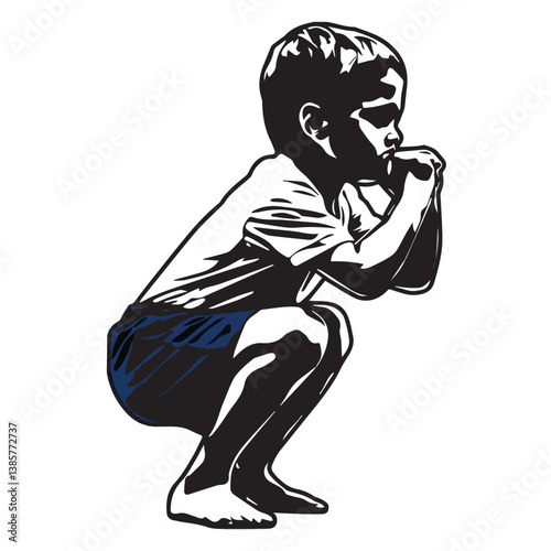 Vector illustration depicts a cartoon silhouette of a boy player with a guitar