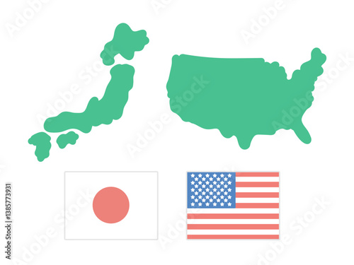 日本  アメリカ  国旗  地図  イラストセット
