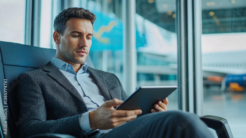 A businessman reviews a presentation on his tablet while waiting for a flight. A businessman reviews a presentation on his tablet while waiting for a flight.