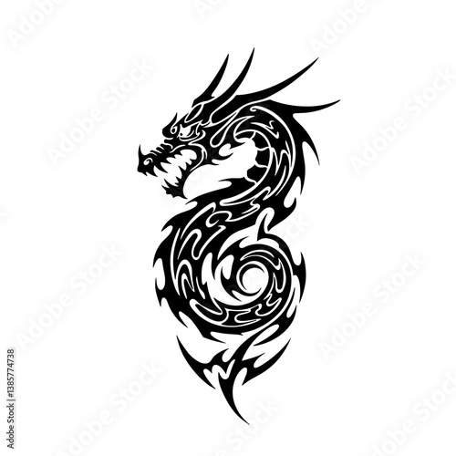 Fierce Dragon Tribal Tattoo Design Symbolizing Power against white background with copy space