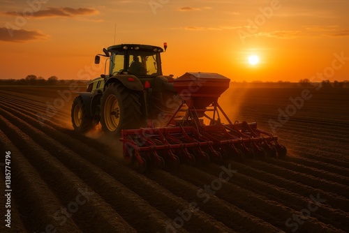 Farmer Operating Tractor for Planting at Sunset Over Fields in Rural Landscape