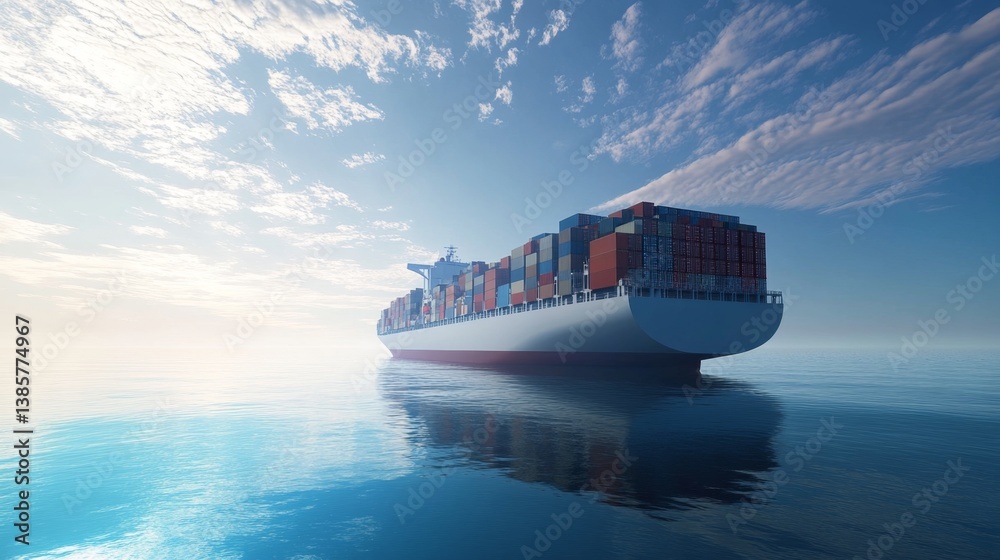 Obraz premium Container ship transporting cargo across calm waters ocean digital art daytime aerial view maritime industry