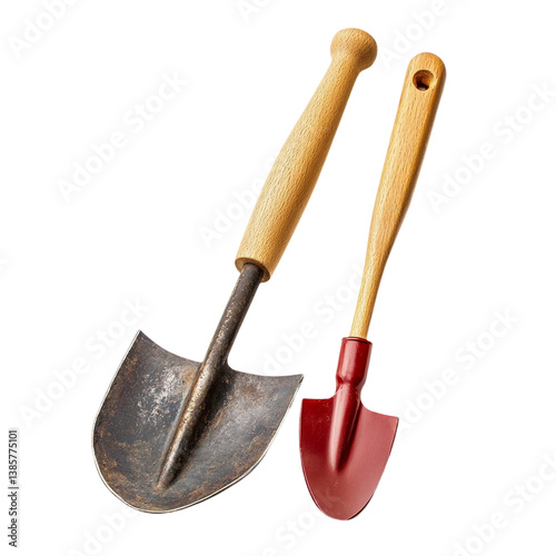 A rusty shovel and a small red shovel Gardening tools ready for work