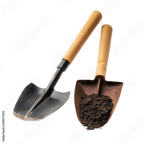 Gardening tools ready for planting rich dark soil