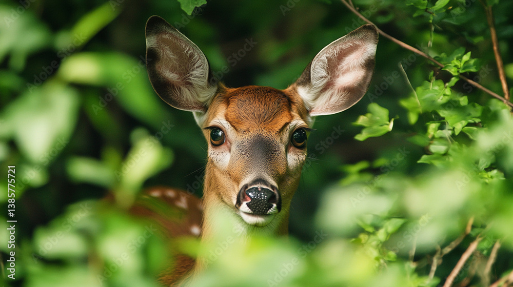 A curious deer peeks through the dense foliage, blending seamlessly with its surroundings. A curious deer peeks through the dense foliage, blending seamlessly with its surroundings.