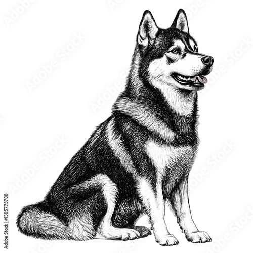 Majestic Husky Sitting Alertly Black and White Portrait