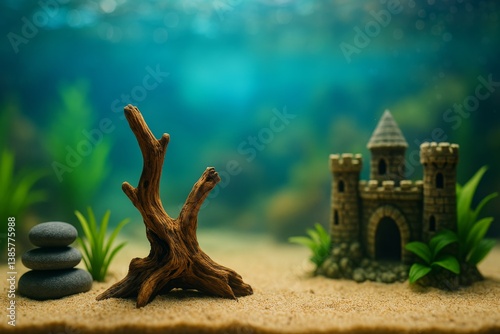 Colorful Fish and Plants in a Tranquil Aquarium Setting With a Stone Arch