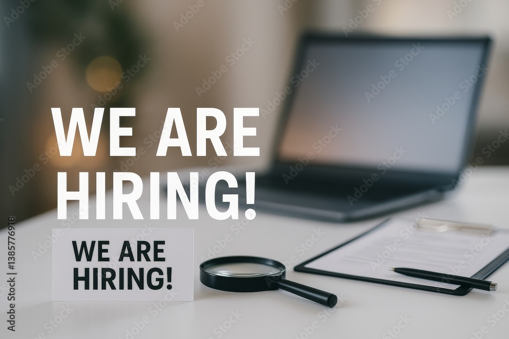 Fototapeta premium Company Seeks New Team Members With Inviting Hiring Announcement and Workspace Setup