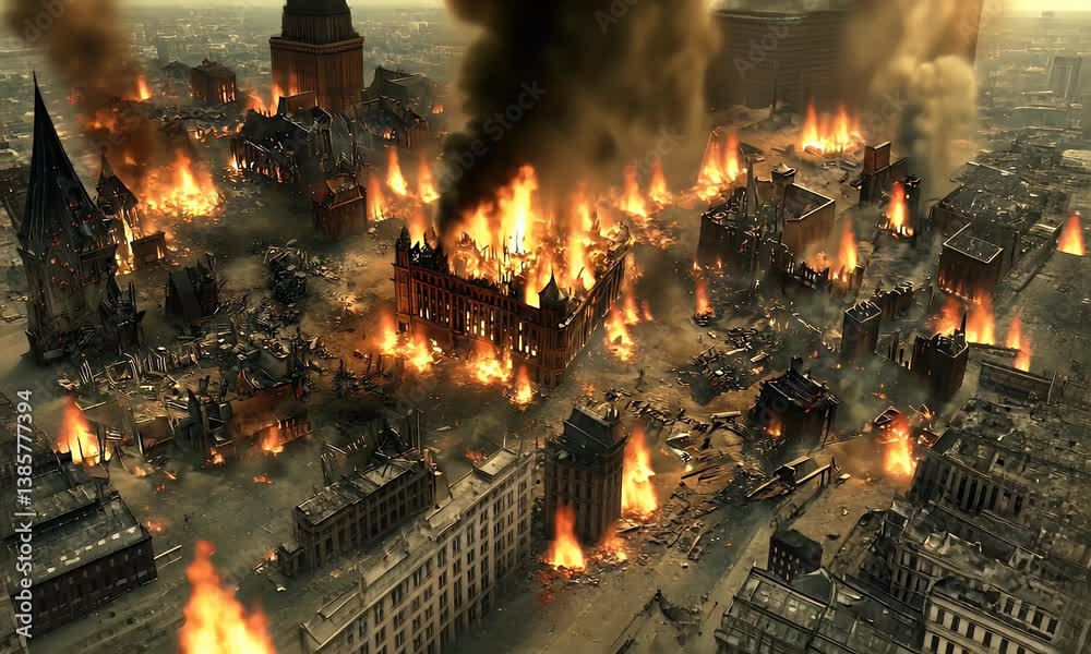 City in ruins ablaze, smoke fills the sky. Buildings collapse, destruction visible. The devastation of war depicted in detail