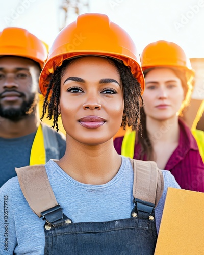 employment rights message Confident worker in safety gear, showcasing teamwork on a construction site, promoting safety and collaboration.