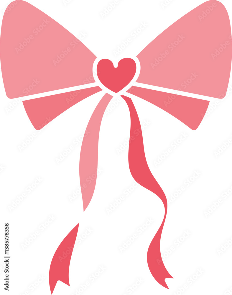 doodle bow Pink bow with heart-shaped center and flowing ribbons. in flat color style doodle bow Pink bow with heart-shaped center and flowing ribbons. in flat color style