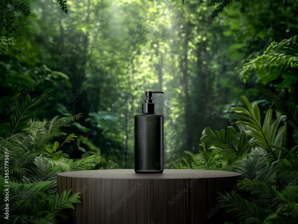 sleek black cosmetic bottle stands on wooden pedestal surrounded by lush greenery, evoking sense of tranquility and natural beauty in forest setting sleek black cosmetic bottle stands on wooden pedestal surrounded by lush greenery, evoking sense of tranquility and natural beauty in forest setting
