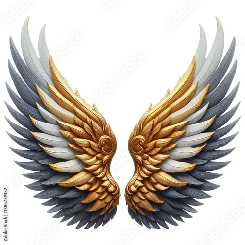 Two golden and gray wings isolated on a white background