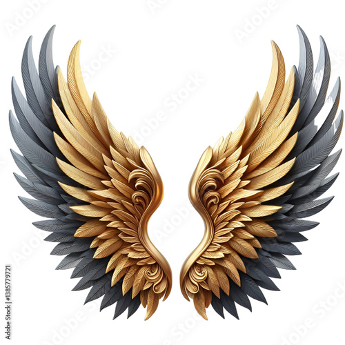 Two golden and gray wings isolated on a white background