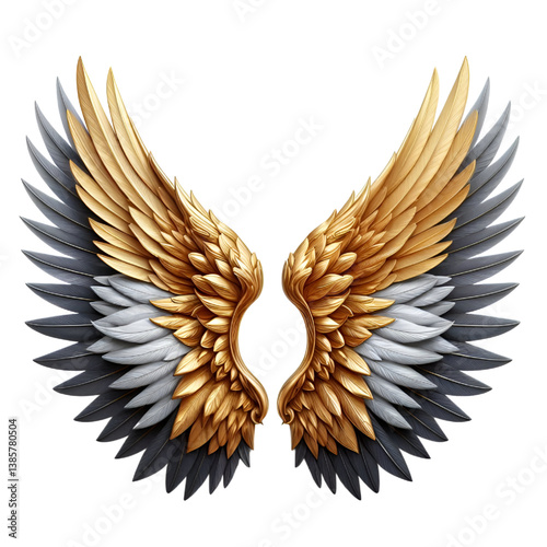 Two golden and gray wings isolated on a white background