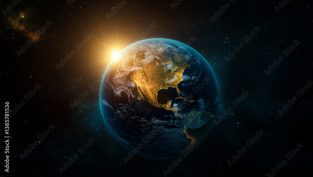 Fototapeta premium stunning view of Earth from space, showcasing North America illuminated by sunlight. vibrant colors and cosmic background create sense of wonder and beauty