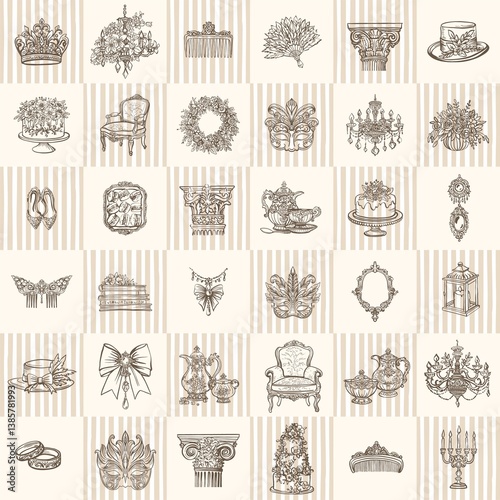 Seamless pattern of isolated pictures in the Bridgerton style. Aesthetic, whimsical regency line art style. Perfect for wedding designs.