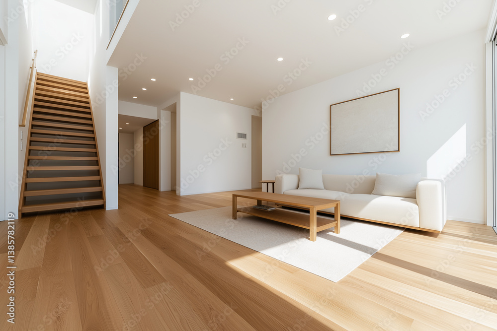 Fototapeta premium modern living room featuring minimalist Japanese design, with wooden flooring, light sofa, and staircase. space is bright and airy, creating serene atmosphere