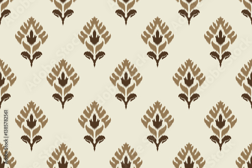 Seamless Ikat pattern in earthy brown tones with geometric floral motifs. Traditional textile design for fabrics, wallpapers, wrapping paper, crafts, and ethnic-inspired decor.